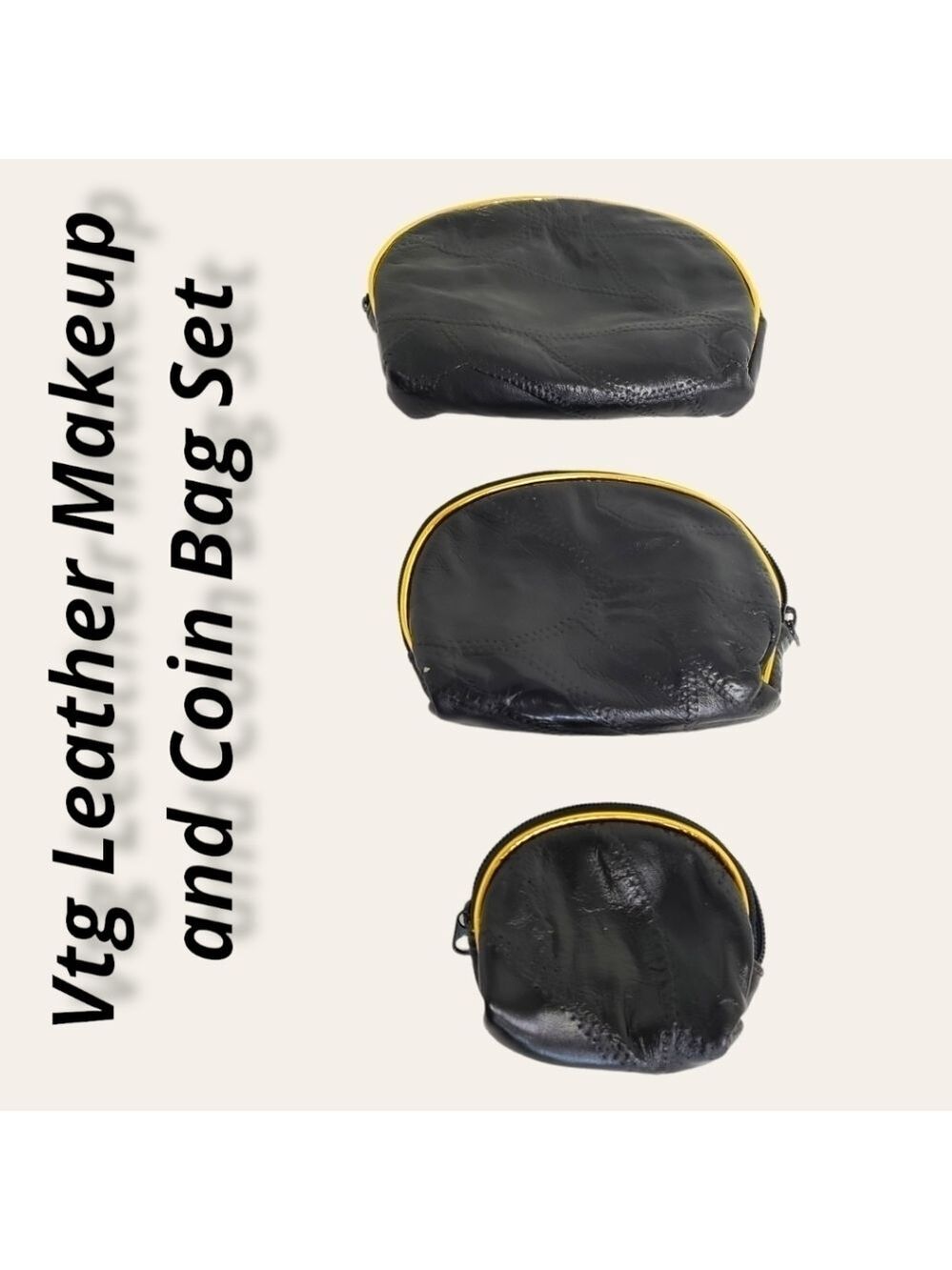 Vintage Patchwork Leather Makeup and Coin Bag Set of 3 Black Gold VGUC